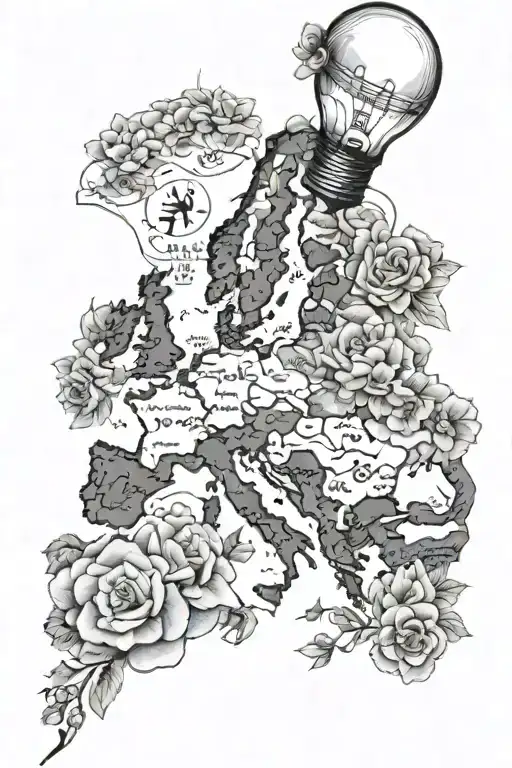 a lightbulb containing the map of Europe. surrounded by flowers tattoo design idea