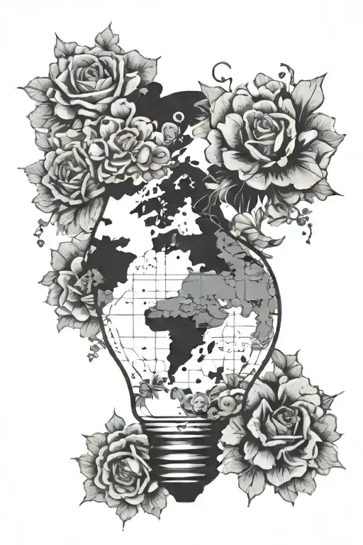 a lightbulb with the map of Europe inside. all surrounded by flowers tattoo design idea
