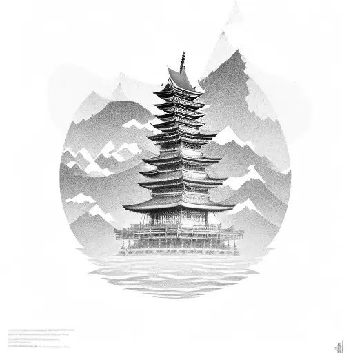 landscape with a caravel, a Japanese temple, and a woman with a wolf's headdress tattoo design idea