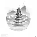 landscape with a caravel, a Japanese temple, and a woman with a wolf's headdress tattoo design idea