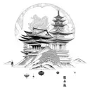 landscape with a caravel, a Japanese temple, and a woman with a wolf's headdress tattoo design idea