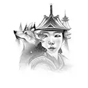 landscape with a caravel, a Japanese temple, and a woman with a wolf's headdress tattoo design idea