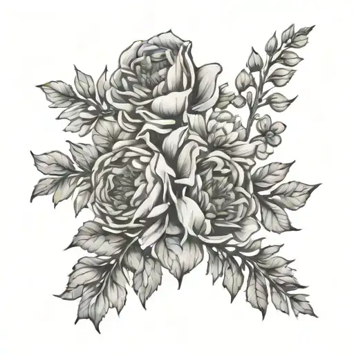 Fine line, black and white, bouquet, aster, morning glory, peony, chrysanthemum, holly, gladiolus tattoo design idea