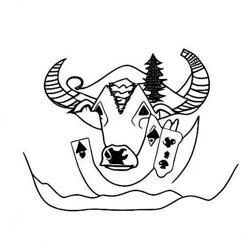 play card with black white cow eating in a valley with swiss mountains in background tattoo design idea