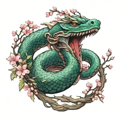 Jörmungandr wrapped around cherry blossom tree in the center of the earth in color tattoo design idea