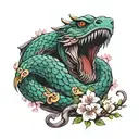 Jörmungandr wrapped around cherry blossom tree in the center of the earth in color tattoo design idea
