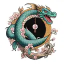 Jörmungandr wrapped around cherry blossom tree in the center of the earth in color tattoo design idea