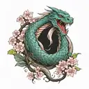 Jörmungandr wrapped around cherry blossom tree in the center of the earth in color tattoo design idea