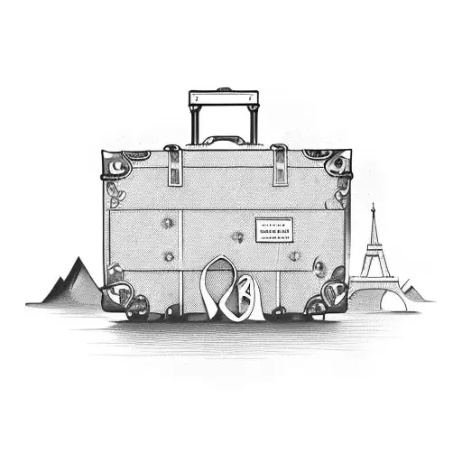 A vintage suitcase with travel destinations as book titles tattoo design idea