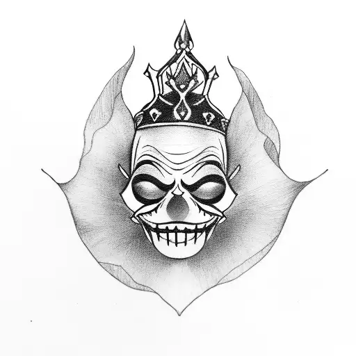 queen of hearts card, joker king card, lotus flower, skull, butterlfy,  tattoo design idea