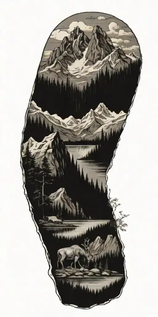 nature scene featuring the progression from sea to land to mountains. i want animals to be present in the image  tattoo design idea