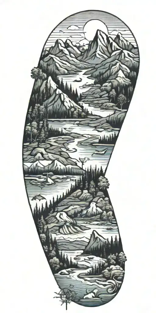 nature scene featuring the progression from ocean to land to mountains. i want animals to be present in the image  tattoo design idea