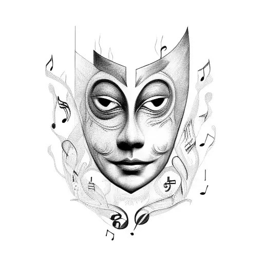 A chef's knife surrounded by music notes and theater masks tattoo design idea