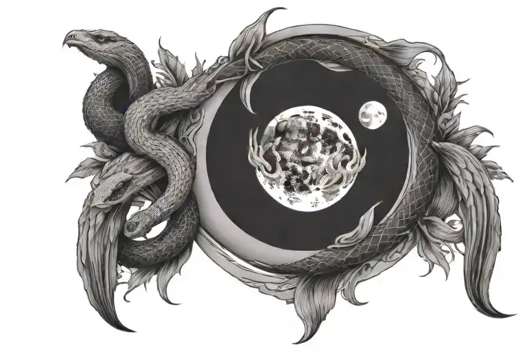 ouroboros and the moon, snakes, witchy, four natural elements, divine feminine tattoo design idea
