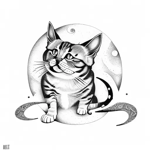 graphic cat sitting inside a crescent moon tattoo design idea