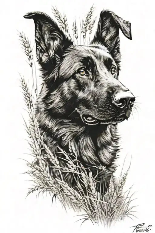 black german shepherd in a wheat field tattoo design idea