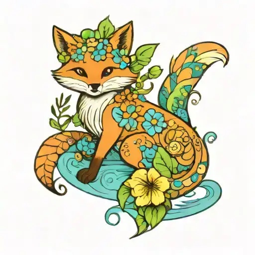a fox with hawaiian flowers, colorful, a small lizard, a sea turtle, with a calm sea  tattoo design idea