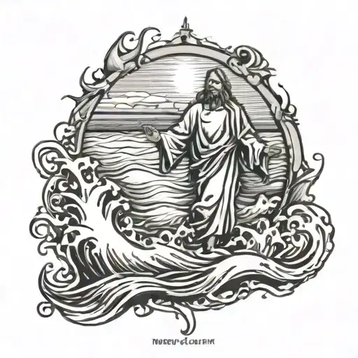 A tattoo of Jesus walking on water with a police badge in hand tattoo design idea