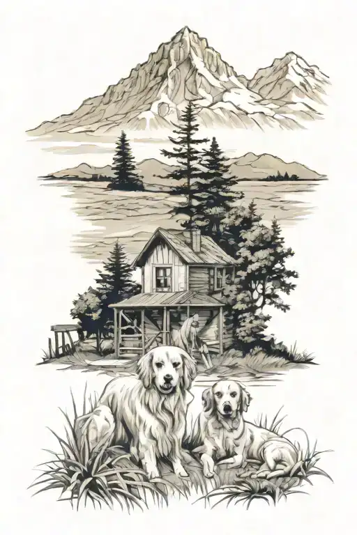 cornfield in front of mountains with a golden retriever, 2 cats and a retriever dog, and hound sitting around a house  tattoo design idea