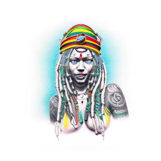 rasta woman with piercings, tattoos and blue eyes smiling tattoo design idea