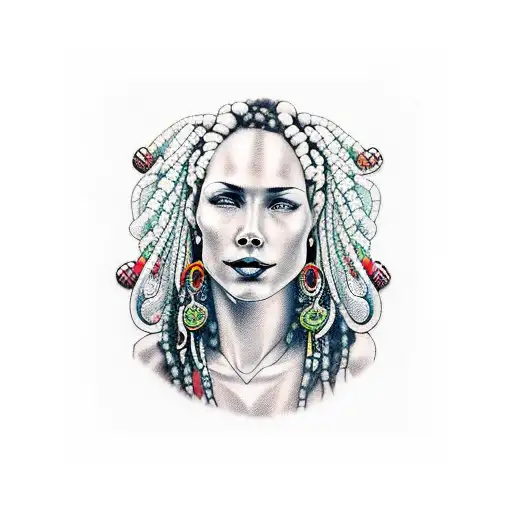 rasta woman with piercings, tattoos and blue eyes smiling tattoo design idea