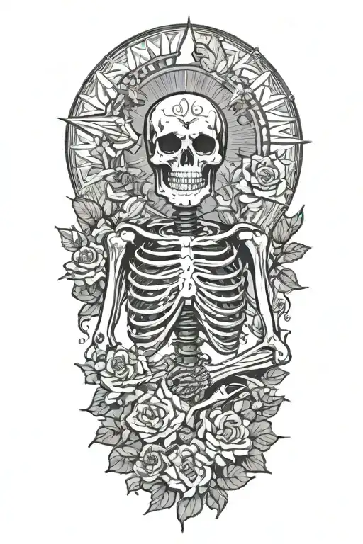 happy skeleton meditating, big sun with rays behind him, flowers as filler for sleevee  tattoo design idea