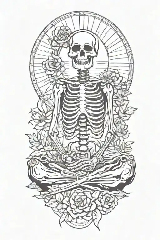 happy skeleton meditating, big sun with rays behind him, flowers as filler for sleevee  tattoo design idea