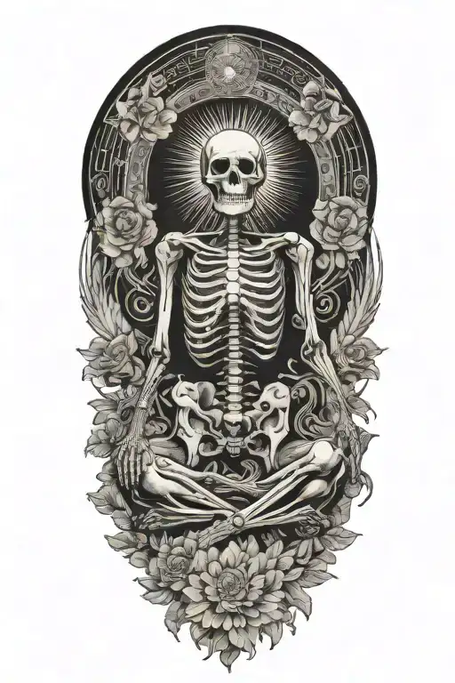skeleton meditating, big sun with rays behind him, flowers as filler for sleevee  tattoo design idea