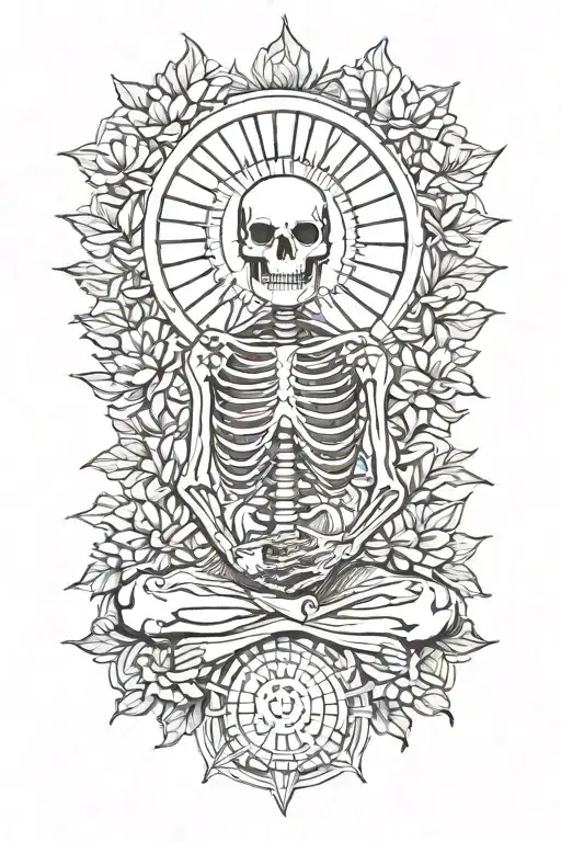 skeleton meditating, big sun, flowers as filler for tattoo tattoo design idea