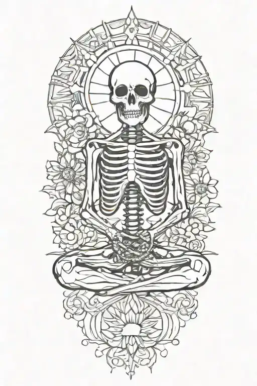 happy skeleton meditating, big sun with rays behind him, flowers as filler for sleevee  tattoo design idea