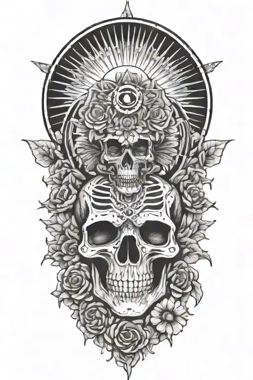 happy skeleton meditating, big sun with rays behind him, flowers as filler for sleevee  tattoo design idea