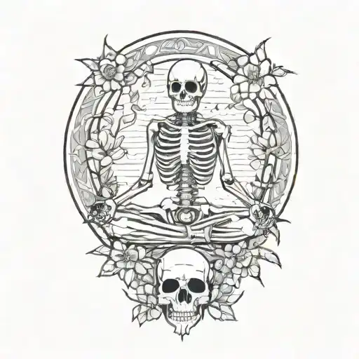 skeleton meditating, big sun, flowers as filler for tattoo tattoo design idea