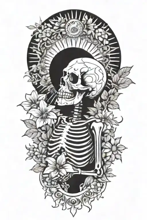 happy skeleton meditating, big sun with rays behind him, flowers as filler for sleevee  tattoo design idea