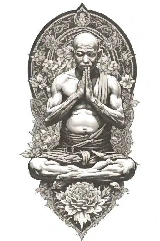 monk meditating, flowers tattoo design idea