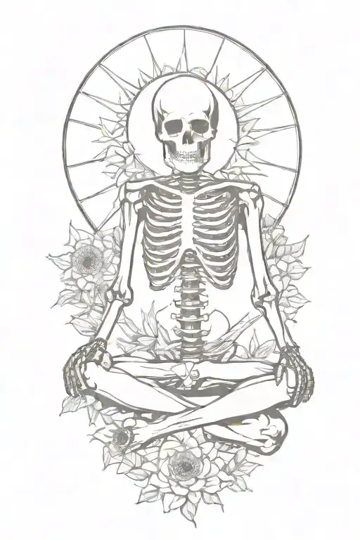skeleton meditating, big sun , flowers as filler for sleevee tattoo design idea