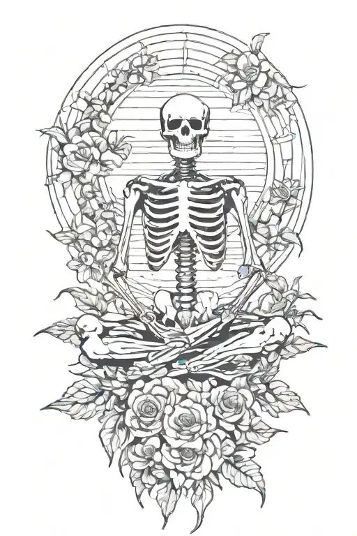 skeleton meditating, big sun , flowers as filler for sleevee tattoo design idea