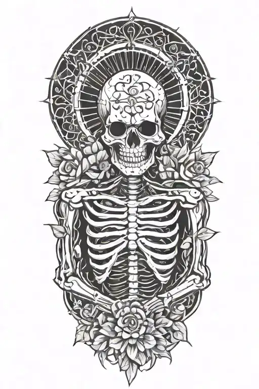 happy skeleton meditating, big sun with rays behind him, flowers as filler for sleevee  tattoo design idea