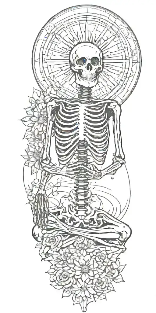skeleton meditating, big sun, flowers as filler for tattoo tattoo design idea