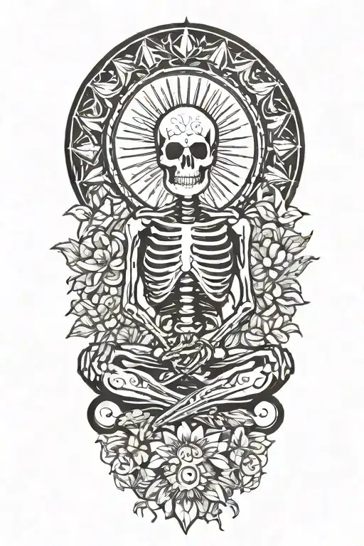 happy skeleton meditating, big sun with rays behind him, flowers as filler for sleevee  tattoo design idea
