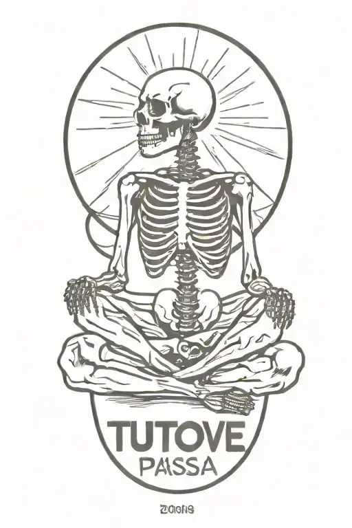 skeleton meditating with big sun behind him and text belove that says "TUTTO PASSA" tattoo design idea