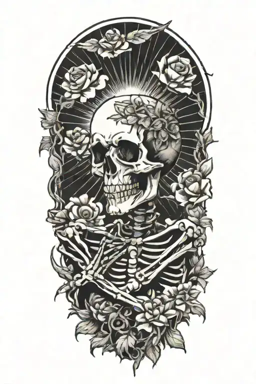 happy skeleton meditating, big sun with rays behind him, flowers as filler for sleevee  tattoo design idea
