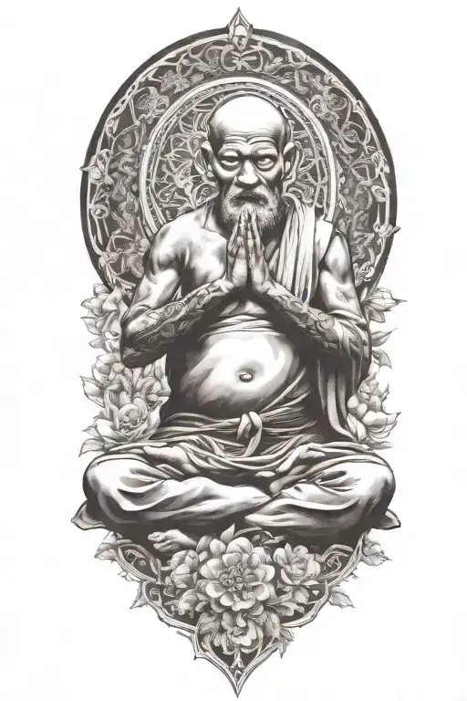 happy monk meditating, flowers tattoo design idea