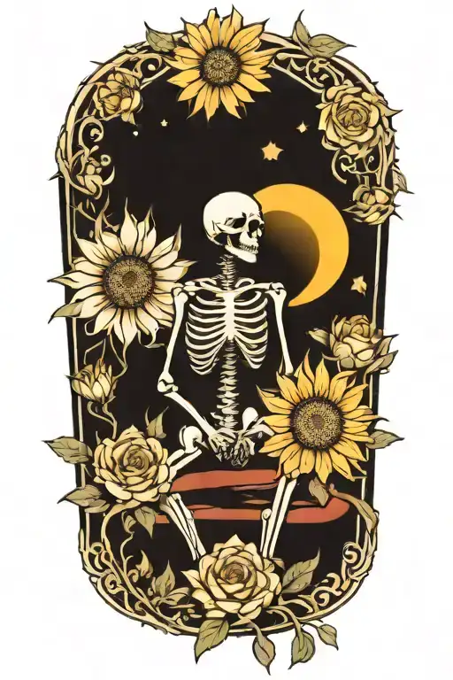 skeleton meditating, big sun, flowers as filler for tattoo tattoo design idea