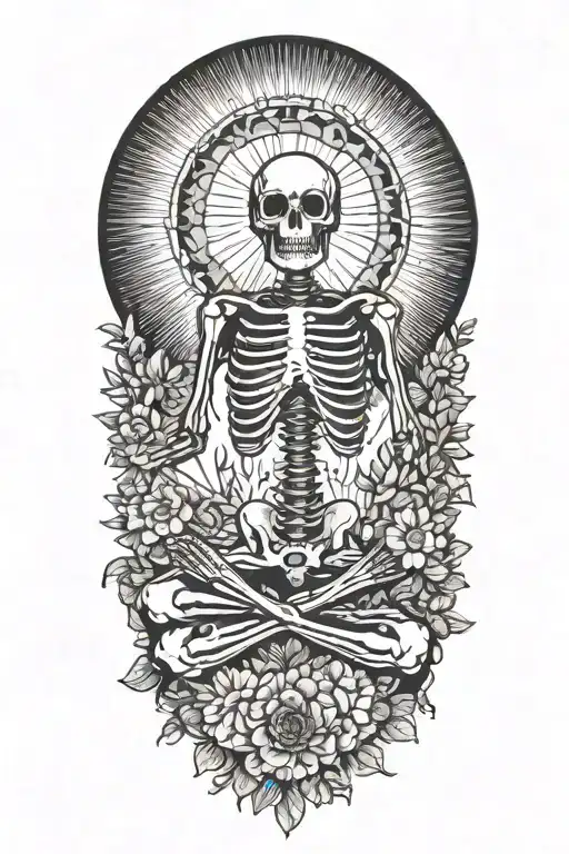 happy skeleton meditating, big sun with rays behind him, flowers as filler for sleevee  tattoo design idea