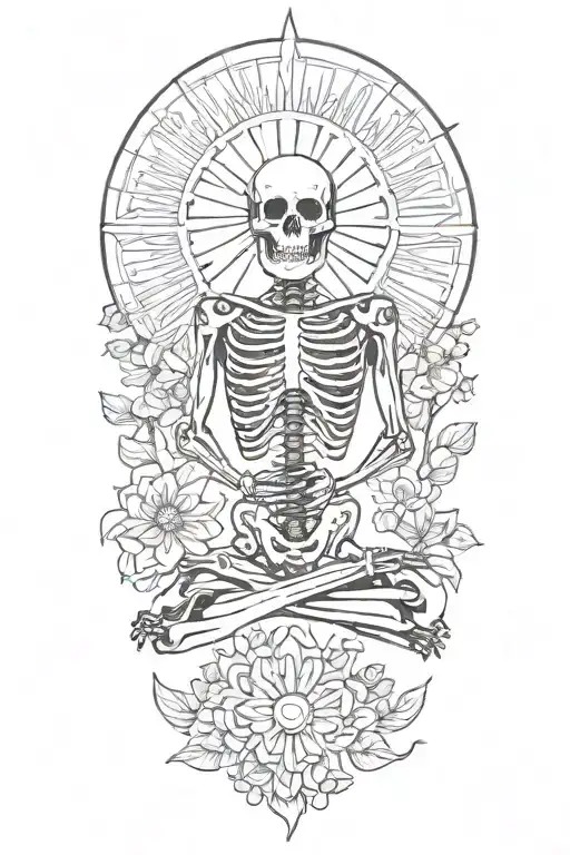 skeleton meditating, big sun , flowers as filler for sleevee tattoo design idea