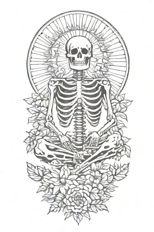 happy skeleton meditating, big sun with rays behind him, flowers as filler for sleevee  tattoo design idea