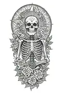 happy skeleton meditating, big sun with rays behind him, flowers as filler for sleevee  tattoo design idea