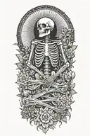 happy skeleton meditating, big sun with rays behind him, flowers as filler for sleevee  tattoo design idea