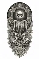 skeleton meditating, big sun with rays behind him, flowers as filler for sleevee  tattoo design idea