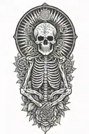 happy skeleton meditating, big sun with rays behind him, flowers as filler for sleevee  tattoo design idea